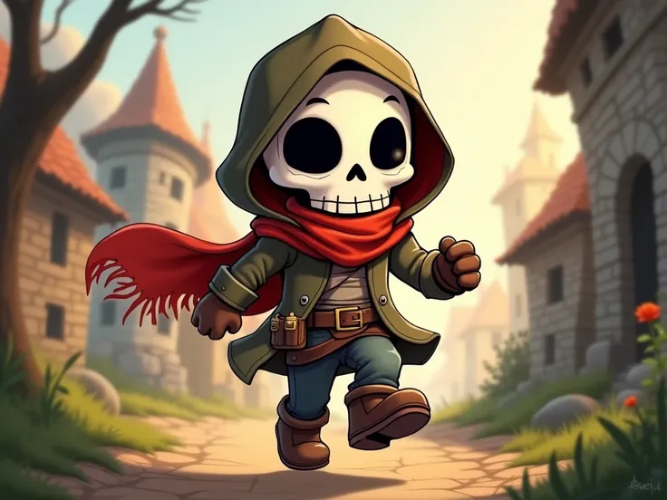 Cartoon  .male.Little Skull . Wearer Adventurer Costume.Wearing a hood. Red Scarf.Leather gloves.Leather Boots.Run in the village