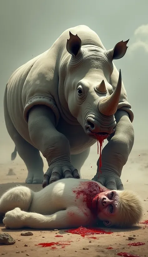 A dead white gorila neck blood is lying on the ground, and a bald rhinoceros mouth blood is standing with one paw on top of the white gorila blood . The bald rhinoceros mouth blood towers over the white gorila neck blood .