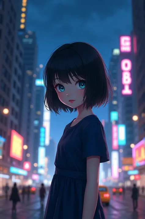 Young girl with short black hair at chin height in with blue-green eyes and a dark blue dress with New York at night in the background