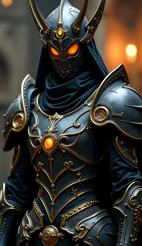 A close-up, front-angle view of a character clad in elaborate dark armor with intricate gold metallic embellishments. The armor features a chest plate with ornate golden scrollwork designs, symmetrical gear-like patterns, and rivets along its edges. The sh...