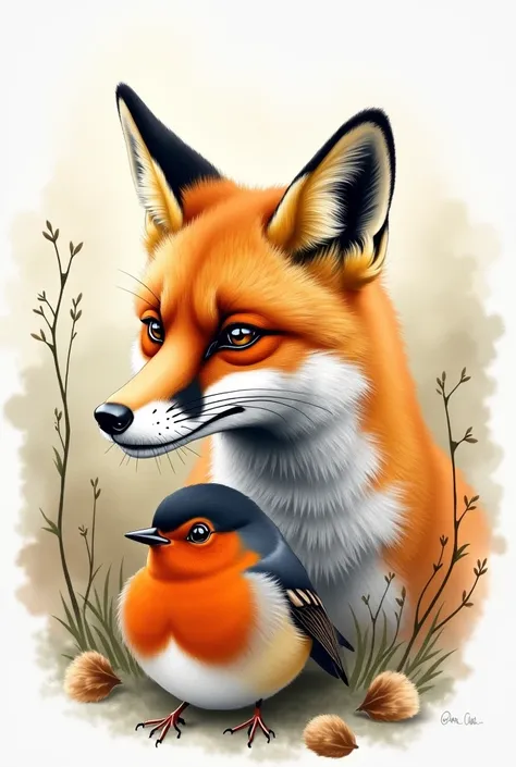 Realistic watercolor fox head and robin bird  