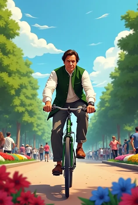 A Imran Khan riding a bicycle in a busy city park. The Imran Khan has a focused expression, carefully steering around pedestrians. The background includes lush green trees, colorful flower beds, a sparkling fountain, and a clear blue sky with fluffy clouds...