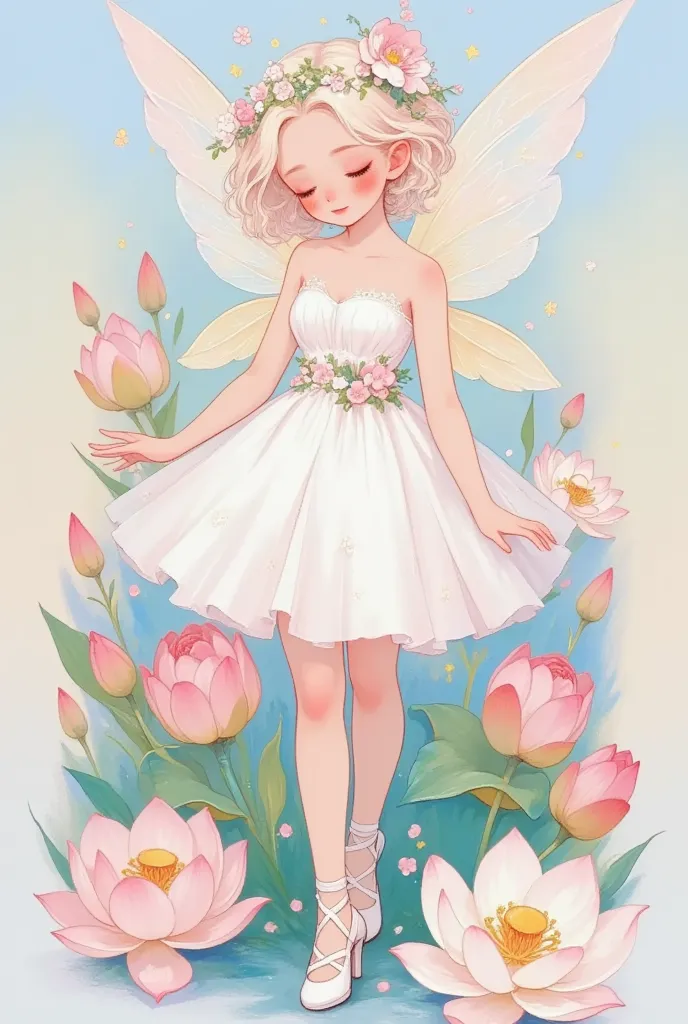 1girl, bare shoulders, closed eyes, dress, eyelashes, fairy, fairy wings, floral background, flower, full body, gradient, gradie...