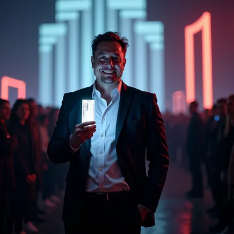 The Visionary Leader (Medium Shot)
Prompt:
"A charismatic figure resembling Elon Musk stands confidently in front of the glowing building. Dressed in a sharp futuristic suit, he smiles enigmatically while holding a glowing ticket. The crowd looks at him wi...