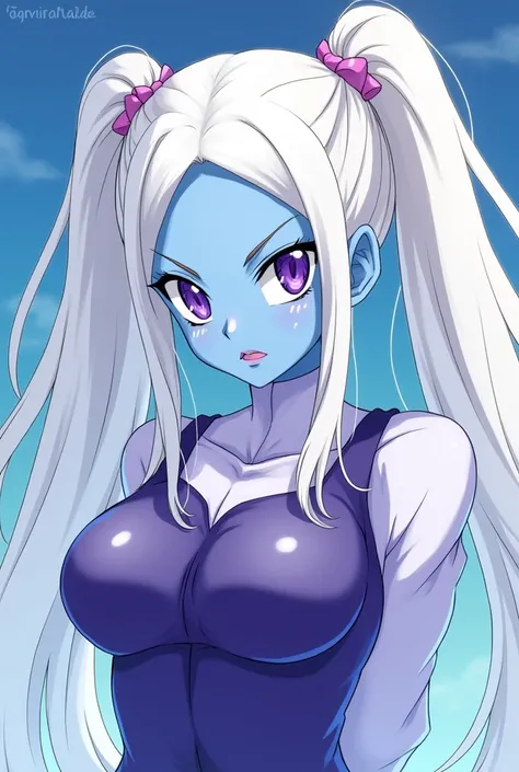 Marcarita (Angel of Universe 11), blue skin, twintails, long twintails, colored skin, white hair, purple eyes, long hair, 1girl, arm behind back, makeup, purple lips, long sleeves, lipstick, looking at viewer, dragon ball super, angel Gi