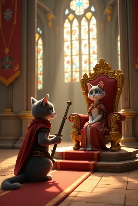  A soldier cat kneeling before a cat princess on a golden throne in a medieval castle. He holds a sword and seems to admire the princess . Crie em 3D Disney pixar