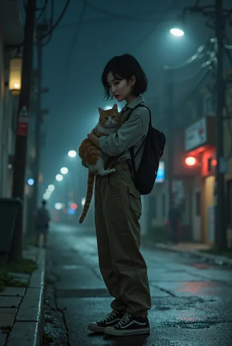 Korean women、22 years old、Shortcuts、Wearing dirty overalls、The eyes are bright、Intellectual、quiet、Standing on a street corner at night、Wear glasses、sneakers、Looks lonely、Holding a cat