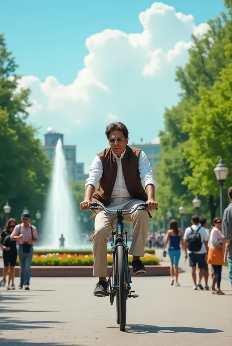 A Imran Khan riding a bicycle in a busy city park. The Imran Khan has a focused expression, carefully steering around pedestrians. The background includes lush green trees, colorful flower beds, a sparkling fountain, and a clear blue sky with fluffy clouds...