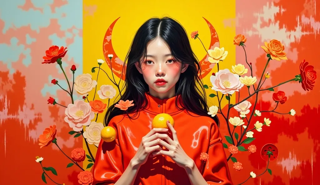 DB4RZ style painting,with color Maximum Red and Yellow (Munsell),a figure stand and holding a fruit,full body,Through its expressive style, contrasting color palette, and surreal some 幾何 elements, the artwork powerfully conveys themes of happiness, ironic ...