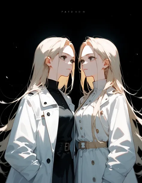  Women , light yellow,Long hair, White coat,Medium size face, in black eyes,, Blouse , black background 