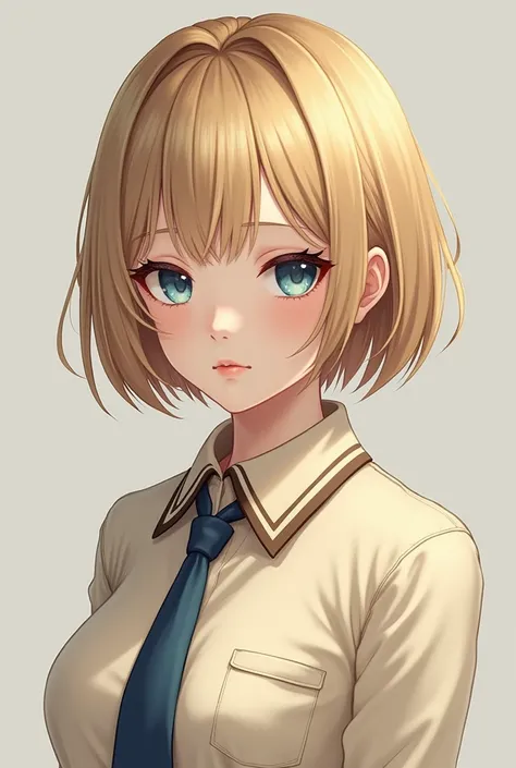 Create a picture of a female character 
named Abel who has blonde colored bob hair and has cute flat bangs and bangs a strand next to his. Has bright blue eyes .  Using a cream white school shirt with brown elements and a blue tie . And has a firm yet beau...