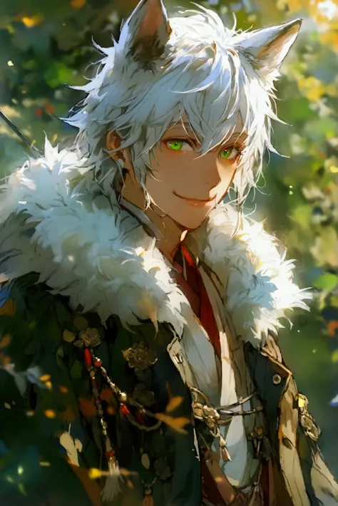 1man, white hair, center division, shoulder wolf hair、 white skin、 green eyes, thin fishing eyes, Taisho Roman, book on right hand 、 old fashion Jacket, smile, cool