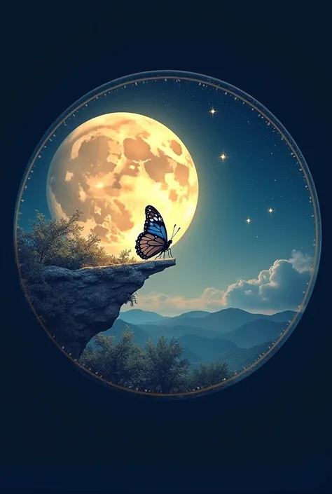 circle logo for my video editing website.
a full moon and on night sky and a goegeous butterfly sitting on the moon.
butterfly must sitting on the corner  of   the moon round
adorable font  S letter on the moon
