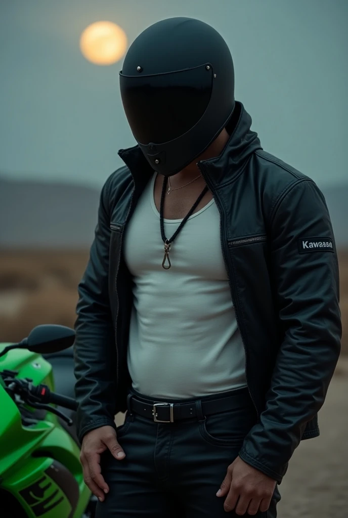 Realistic close-up photo , biker, brutal, pumped up, в закрытом большом шлеме Shark EVO-GT PACK N-COM EDITION BLANK MAT Black,  white t-shirt, leather pants, расстегнутой Мотокуртке Helstons Cruiser Noir, stands next to a bright green Kawasaki Ninja motorc...