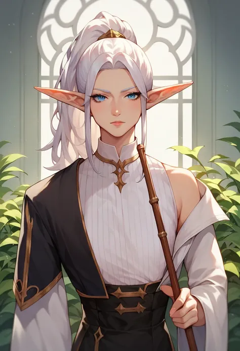 One woman, solo, white hair, ponytail, elf ears, anime style, funeral freelen style, freelen, freelen clothes, cane, faithful to the original work