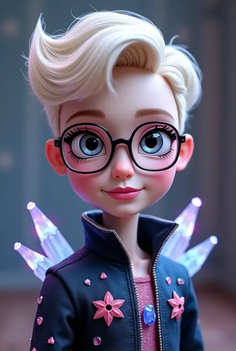 Imagem do filho da Faybelle Thorn e da Ginger Breadhouse de Ever After High: A teenage boy with almost white blonde hair with sprinkles, gray eyes and pale gray skin, Rose-framed glasses, dark blue outfit with pink with light blue crystal stones and sprink...