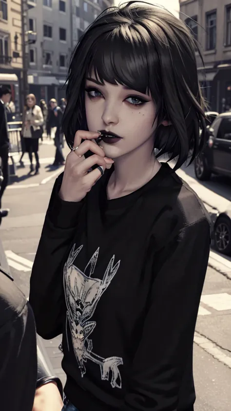 maxine caufield, 1-person,, black lipstick, eyeliner, eye shadow, mascara, smoky eyes, black lips, natural lighting, black lips,...