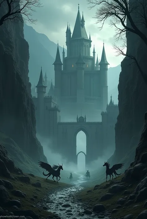 Create a dark medieval fantasy banner with a background of a medieval castle and magical creatures with the title valley of Oblivion