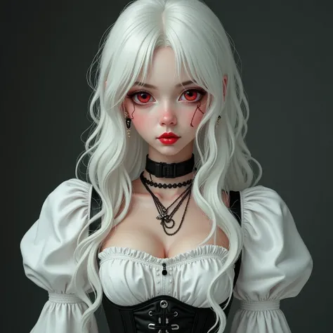 une jeune femme, la peau blanche, de longs et lisses cheveux blancs, des yeux rouges avec une cicatrice qui traverse son oeil gauche, les lèvres rouge foncées et des oreilles pointues. Elle a un style rock/steampunk, composée d’une chemise blanche à manche...