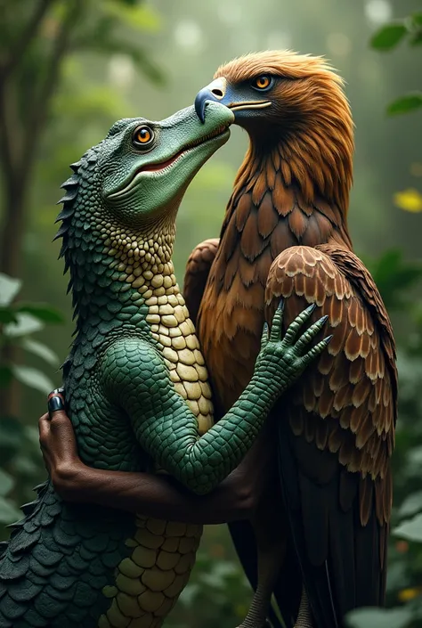 Crocodile and an eagle kissing with tounge