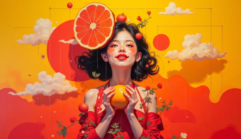 DB4RZ style painting,with color Maximum Red and Yellow (Munsell),a figure stand and holding a fruit,full body,Through its expressive style, contrasting color palette, and surreal some 幾何 elements, the artwork powerfully conveys themes of happiness, ironic ...