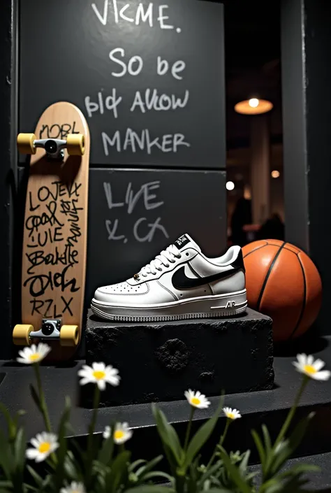 Display window, a black and white AIR Force1 shoe placed on a black brick on the ground and behind is a basketball on the right side and on the left side is a skateboard with Graffiti fonts written on it leaning against the wall, the background behind is b...