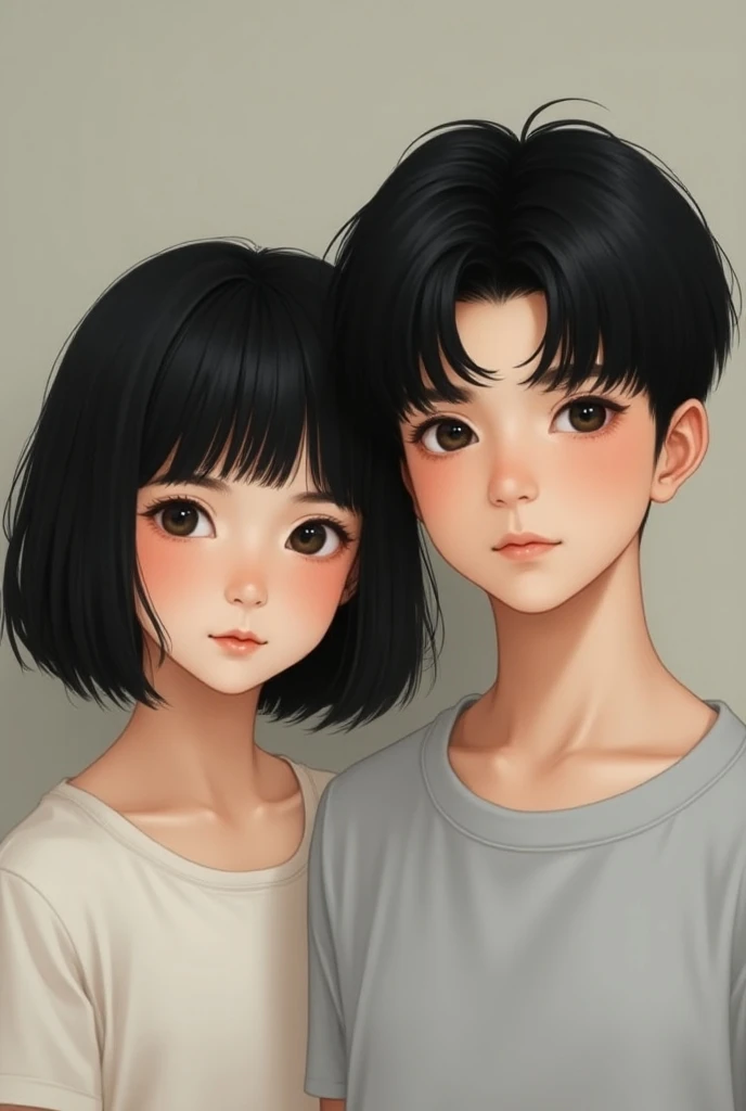 They both have black hair and the girl is a bob、Boys have short hair 