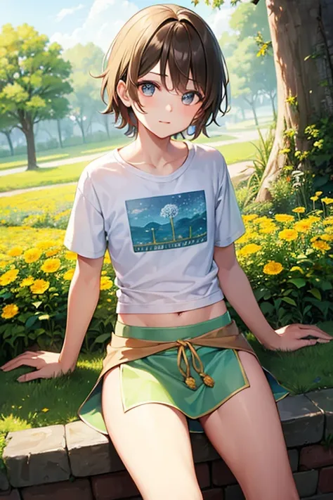 boy wearing dandelion color t-shirt and loincloth, ((beautiful detail eyes)), (teen), ((best quality))