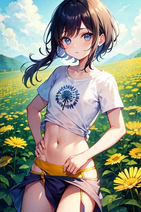 boy wearing dandelion color t-shirt and loincloth, ((beautiful detail eyes)), (teen), ((best quality))