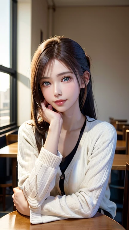 1girl, cute, adorable, (blue eyes), light smile, (solo), round face, (ponytail), slender, modest breast, warm skin tone, open cardigan, (white tshirt), dramatic angle, head tilt, head resting on hand, 8k, RAW photo, best quality, (masterpiece:1.2), (photo-...