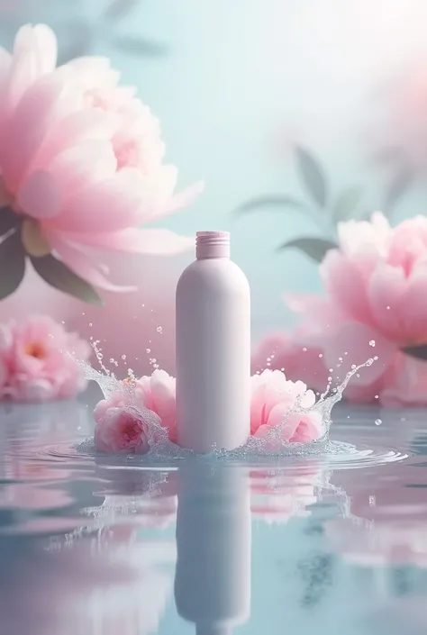  shampoo bottle standing on a reflective surface of water， peony flowers splashing 。 background peony flower abstract 、Vague。Overlapping 。Cool colors。