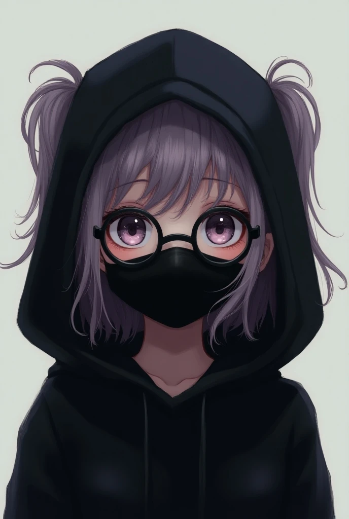 Make a picture of a twintail anime girl with round glasses with a black hoodie and wearing a black mask