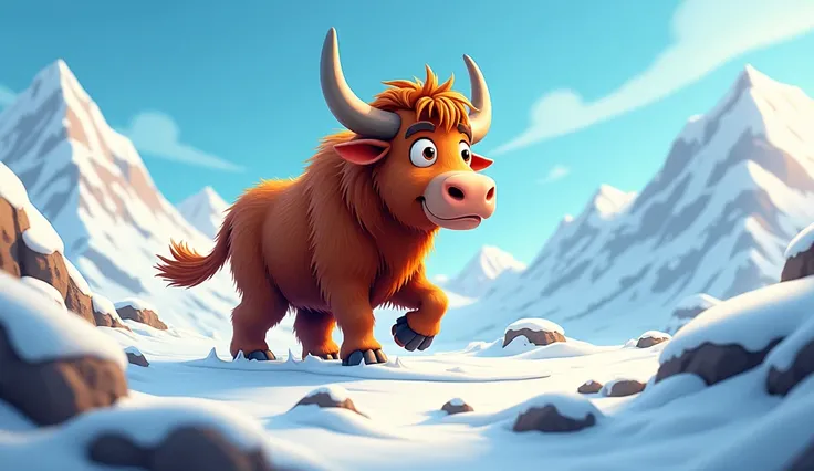 A brown yak in 3D cartoon style ,  hiking on a snow-covered mountain under clear, sunny skies.