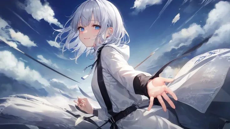  White Hoodies 、 black shirt 、Ultra HD, viewers , and, 20 years old, 非常に shorthair ,  long bangs between eyes, Pale blue eyes,  very detailed ,(masterpiece、 best quality),Gray Hair、Laughter、 amazing,  Silver Hair, iris, Small face、明るいsmile、( detailed face ...