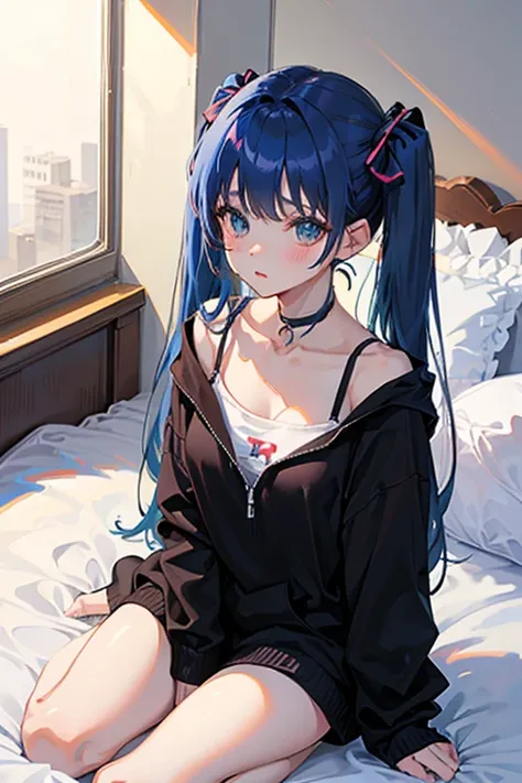 anime、 pretty girl、 one girl 、 black hoodie、 blue hair 、 twin tails、 Viewers Aim、
 bed、sit、 Hands On My Chest 