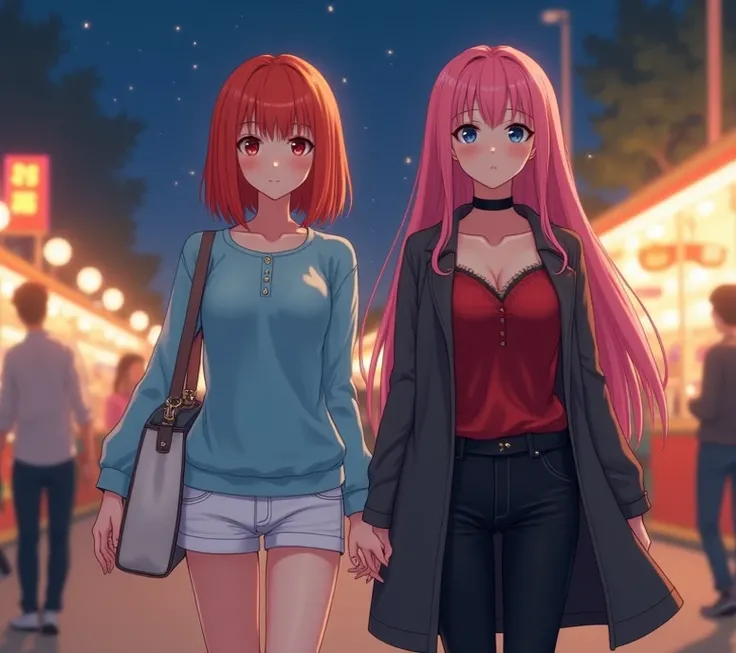   Two 18-year-old anime ladies , anime To love ru,  soft lighting , low lighting,  They are walking at a fair in a beautiful neighborhood ,  there are people nearby on a night with a few stars in the sky .The first lady measures 1 ,68 CM tall, its measurem...