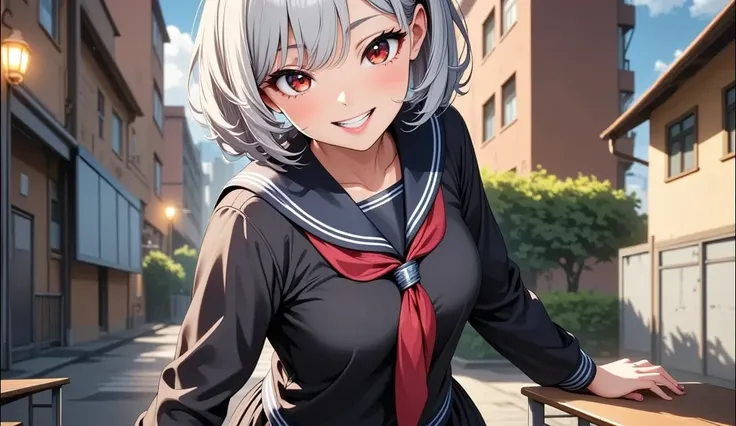  College Student 　 shorthair 　Tall　Narrow eyes　smile　Glare　 Reckless attitude　national style black sailor suit　Nagoya collar　 long skirt　stand　Rural classroom　Gray Hair　red eyes　Tall