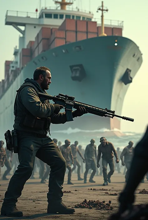 THE MAN WHO IN BIG CARGO SHIP WHO FIRING A BIG GUN ON A ZOMBIES 