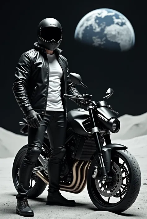 Realistic full-length , biker, brutal, pumped up, в закрытом большом шлеме Shark EVO-GT PACK N-COM EDITION BLANK MAT Black, white t-shirt with a , leather pants, расстегнутой Мотокуртке Helstons Cruiser Noir, gloved,  stands next to a black Kawasaki Ninja ...