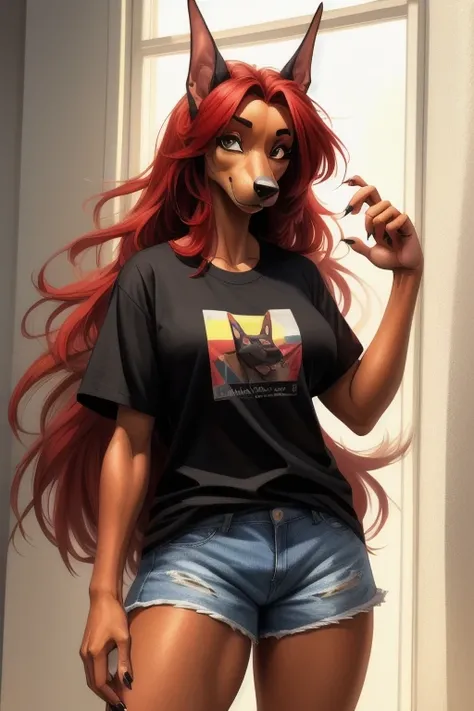 doberman girl  , ( best quality , masterpiece:1), One,   Long hair ,  red hair , portrait, finger claws, , fluffy,, ( Breasts:1,9), T-shirt and shorts 2,