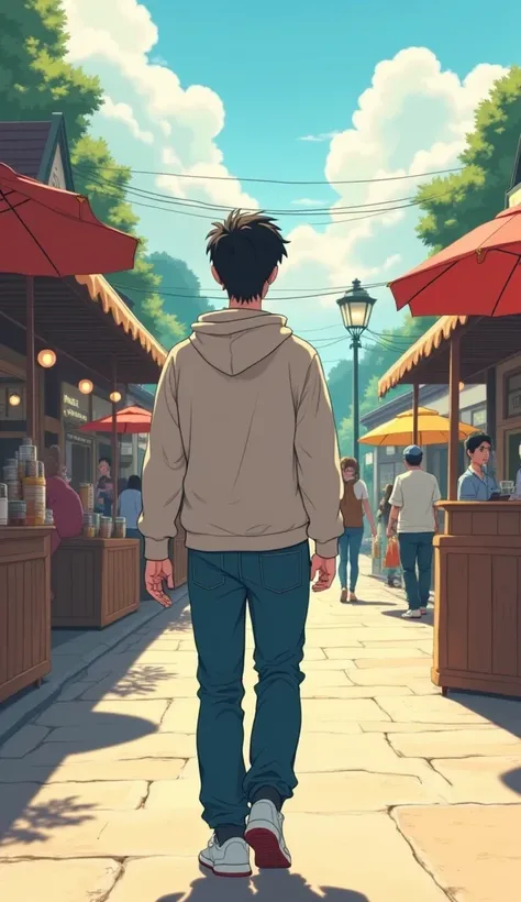  Image of young man wearing hoodie and blue pants walking away from stall with afternoon view behind him.  His expression looks satisfied and calm . Coffee stalls appear in the distance . anime cartoon 
