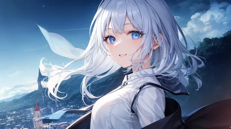  White Hoodies 、 black shirt 、Ultra HD, viewers , and, 20 years old, 非常に shorthair ,  long bangs between eyes, Pale blue eyes,  very detailed ,(masterpiece、 best quality),Gray Hair、Laughter、 amazing,  Silver Hair, iris, Small face、明るいsmile、( detailed face ...