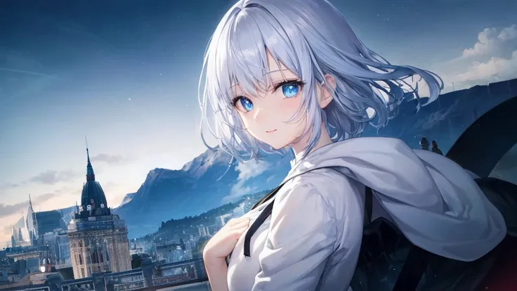  White Hoodies 、 black shirt 、Ultra HD, viewers , and, 20 years old, 非常に shorthair ,  long bangs between eyes, Pale blue eyes,  very detailed ,(masterpiece、 best quality),Gray Hair、Laughter、 amazing,  Silver Hair, iris, Small face、明るいsmile、( detailed face ...