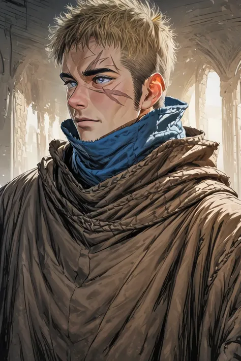 man ,blond, Grey eye , friendly, DND clothes, cloak, Loose good clothes, Leather Armor, black brown and blue colors ,big scar , ( masterpiece), ( best quality), ( ultra detailed )