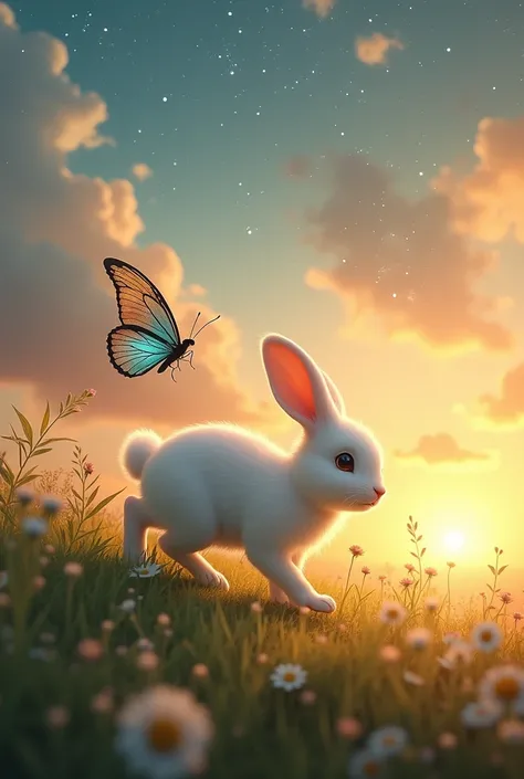 A white rabbit and a 1 wise butterfly in the sunset walking/flying together with a twinkling stars in the sky