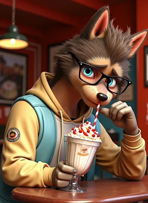 fursuit wolf male wearing nerdola glasses blue eyes realistic background of a diner blurred background wearing a black jacket a blue shirt and black shorts posing for the camera embarrassed expression red cheeks alone drinking a milk shake ultra realistic ...