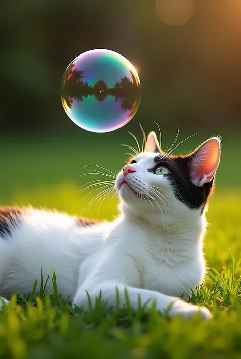 A medium-sized white cat with black spots lies sprawled on fresh green grass. Its body is relaxed, but its head is lifted, and its sharp green eyes are focused on a large soap bubble hovering just inches above the ground. The bubble is perfectly round and ...