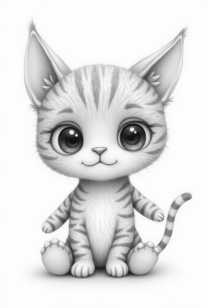 Make a character with big eyes a tabby doll in a pencil drawing format
