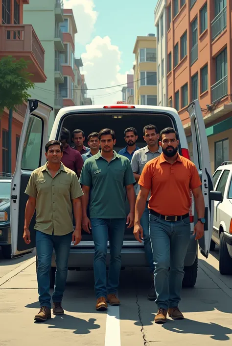 Latino men getting into a van 