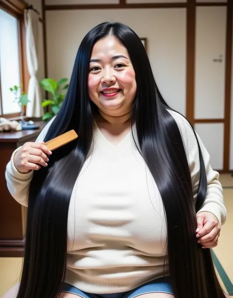 8k,Highest quality, masterpiece, Ultra-high resolution,(masterpiece:1.6, Highest quality), Intricate details, 1 female,Middle-aged woman in her 50s, japanese, full body,  top of head,  ((Absurdly Long hair:1.5)) ((jet Black Hair)), ((forehead:1.5)), obese,...